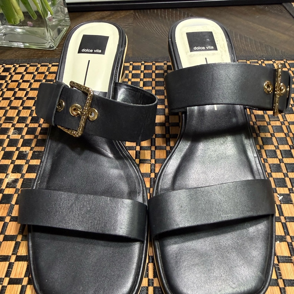 Dolce Vita Black Double-Strap  Sandals with Gold Buckle Women SZ 9-9.5 Box16